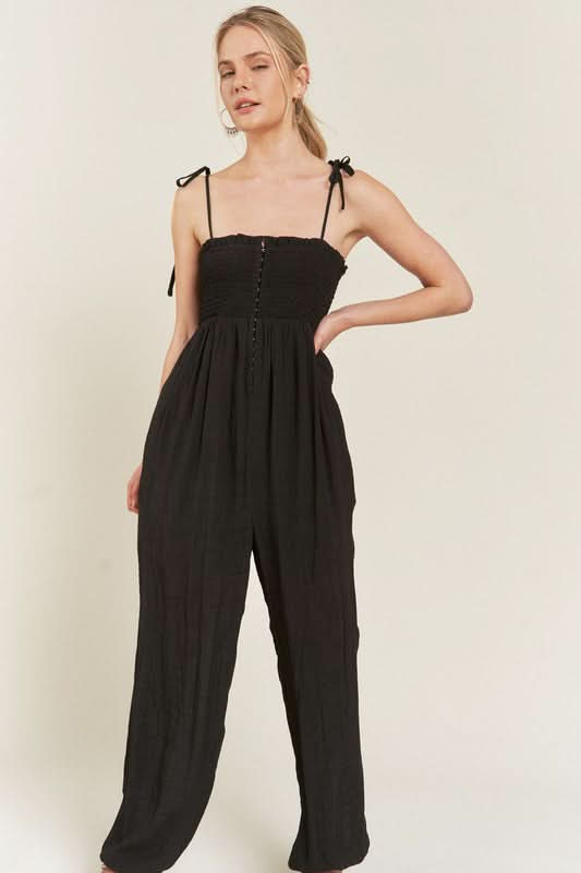 SMOCKED TIE STRAP JUMPSUIT - SwagglyLife Home & Fashion